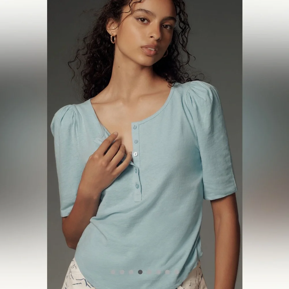 NWT Anthropologie Puff Sleeve Henley Top in Iris Blue Size XXS